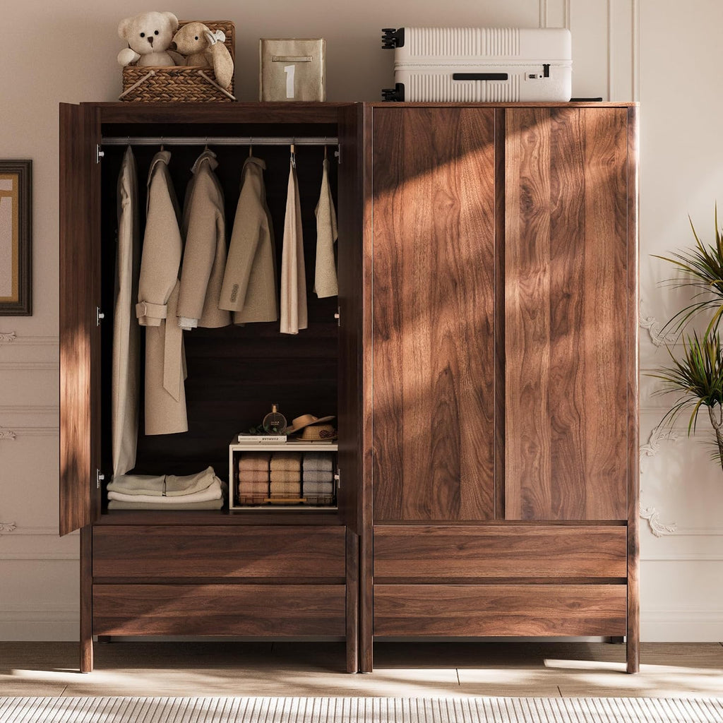MAISONARIA Wardrobe with 2 Doors and 2 Drawers, 70.9”H Modern Walnut Bedroom Armoire Closet with Hidden Handles, Freestanding Wooden Storage Cabinet for Clothes and Essentials