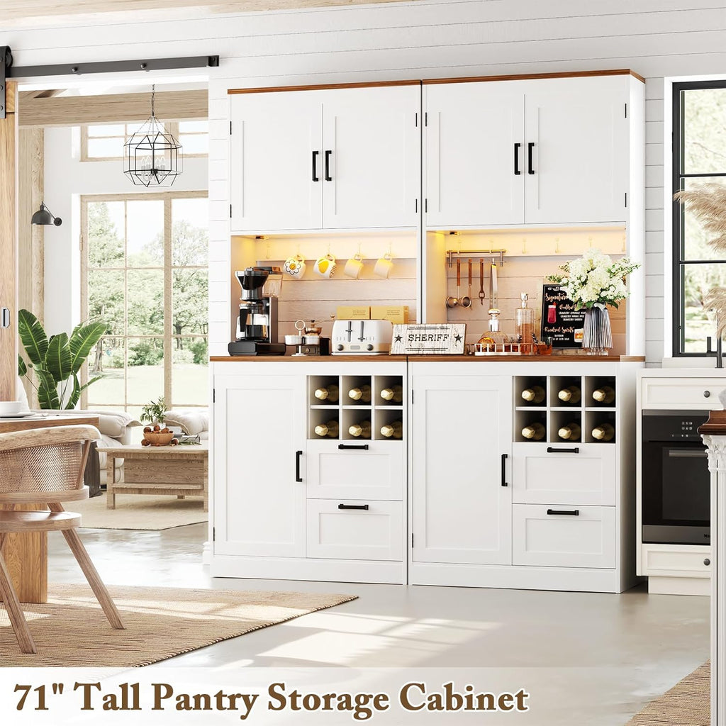 Unikito 72" Tall Pantry Cabinet, Kitchen Pantry Storage Cabinet with LED Light & Outlet, Kitchen Hutch Bar Cabinet with Microwave Stand, Wine Rack, Drawers and Shelves, Cupboard for Dining Room, White