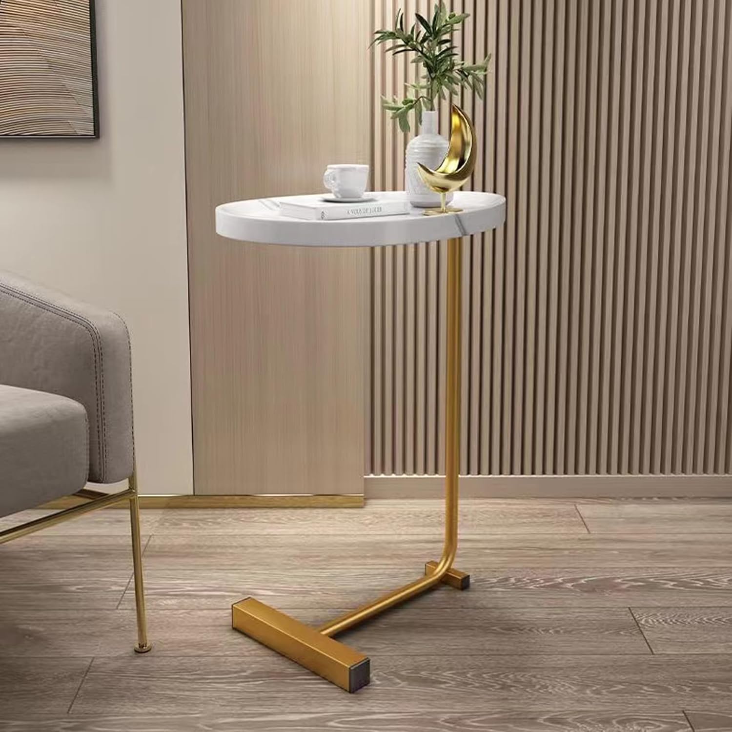 C-Shaped End Table, Small Side Table for Couch, Sofa Table with Metal Frame TV Tray Table for Living Room, Bedroom, Bedside, White, 2-Pieces