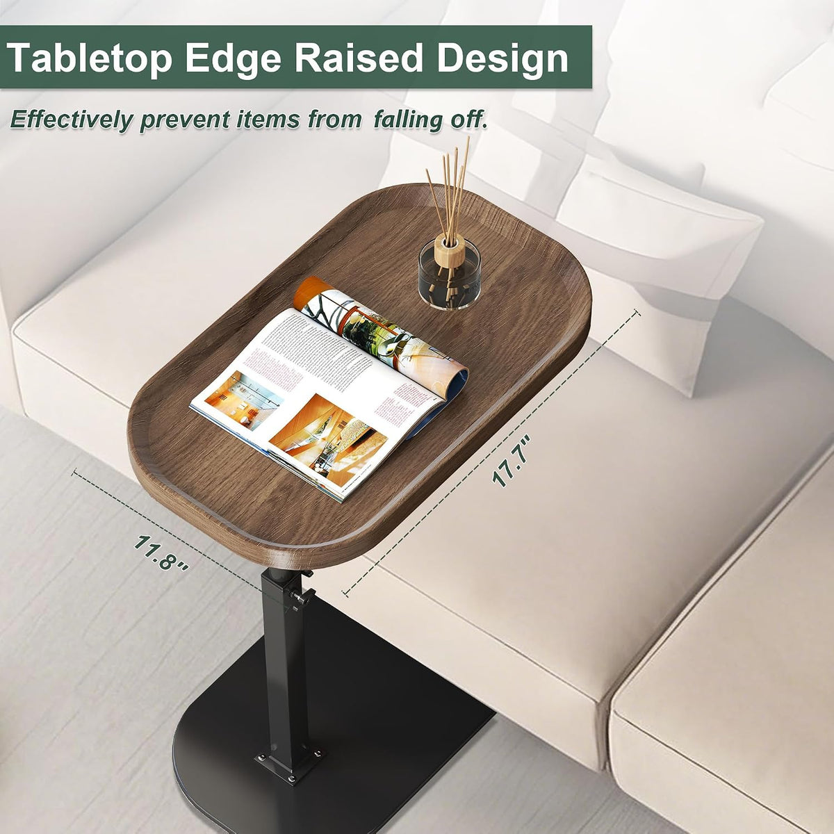 Adjustable Height C Shaped Side Table, Couch Tables That Slide Under, C Side Table Raised Edge, 360°Swivel C Shaped End Table, Small Coffee C Table, End Table for Sofa/Bed/Bathtub