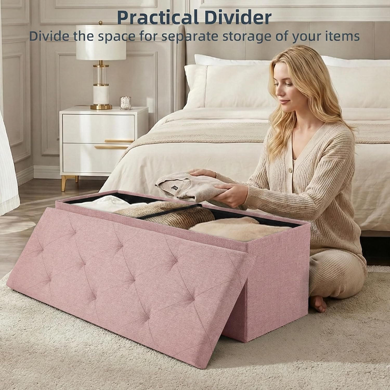 Foldable Storage Ottoman Bench, Storage Chest, End of Bed Foot Rest Stool with Padded Seat, 43 Inch Bedroom Bench for Living Room, Support 660lbs, Pink