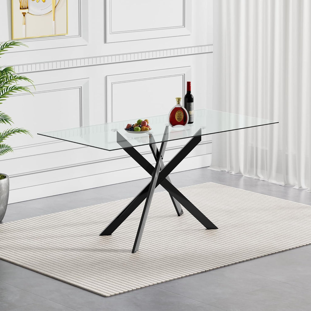 51 Inch Glass Dining Table Set for 4, Rectangular Tempered Glass Kitchen Table with Metal Base, Modern Black Dining Room Table with 4 Leather Dining Chairs for Kitchen Living Room