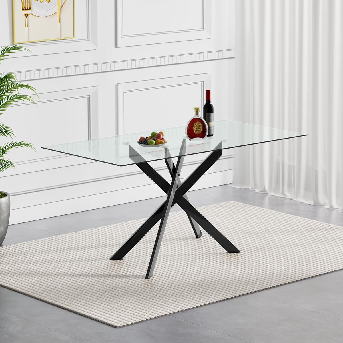 51 Inch Glass Dining Table Set for 4, Rectangular Tempered Glass Kitchen Table with Metal Base, Modern Black Dining Room Table with 4 Leather Dining Chairs for Kitchen Living Room
