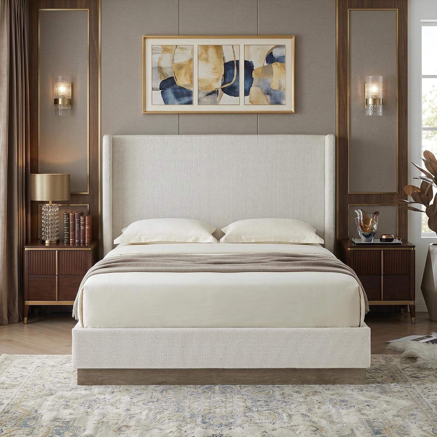 53.1" Extra-Tall Wingback Bed Frame - Luxury Cream White Boucle Upholstered Platform Bed with Gray Oak Wood Base, Heavy Duty 1000lbs, No Box Spring Needed, Noise-Free (Queen)