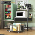 kepptory Mini Fridge Stand with Storage, Mini Refrigerator Stand with Power Outlet, Wine Fridge Table with Movable Storage Basket, Heavy Duty Beverage Refrigerator Table for Dorm Home Use, Gray