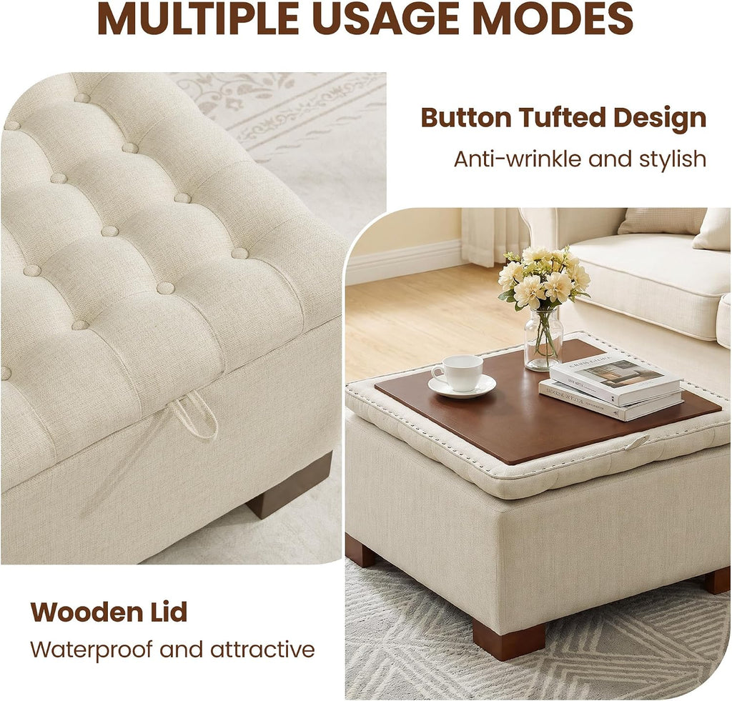 30 Inch Square Storage Ottoman Coffee Table, Modern Tufted Upholstered Ottoman with Flip Tray and Solid Wood Legs, Suitable for Living Rooms, Linen Khaki