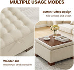 30 Inch Square Storage Ottoman Coffee Table, Modern Tufted Upholstered Ottoman with Flip Tray and Solid Wood Legs, Suitable for Living Rooms, Linen Khaki