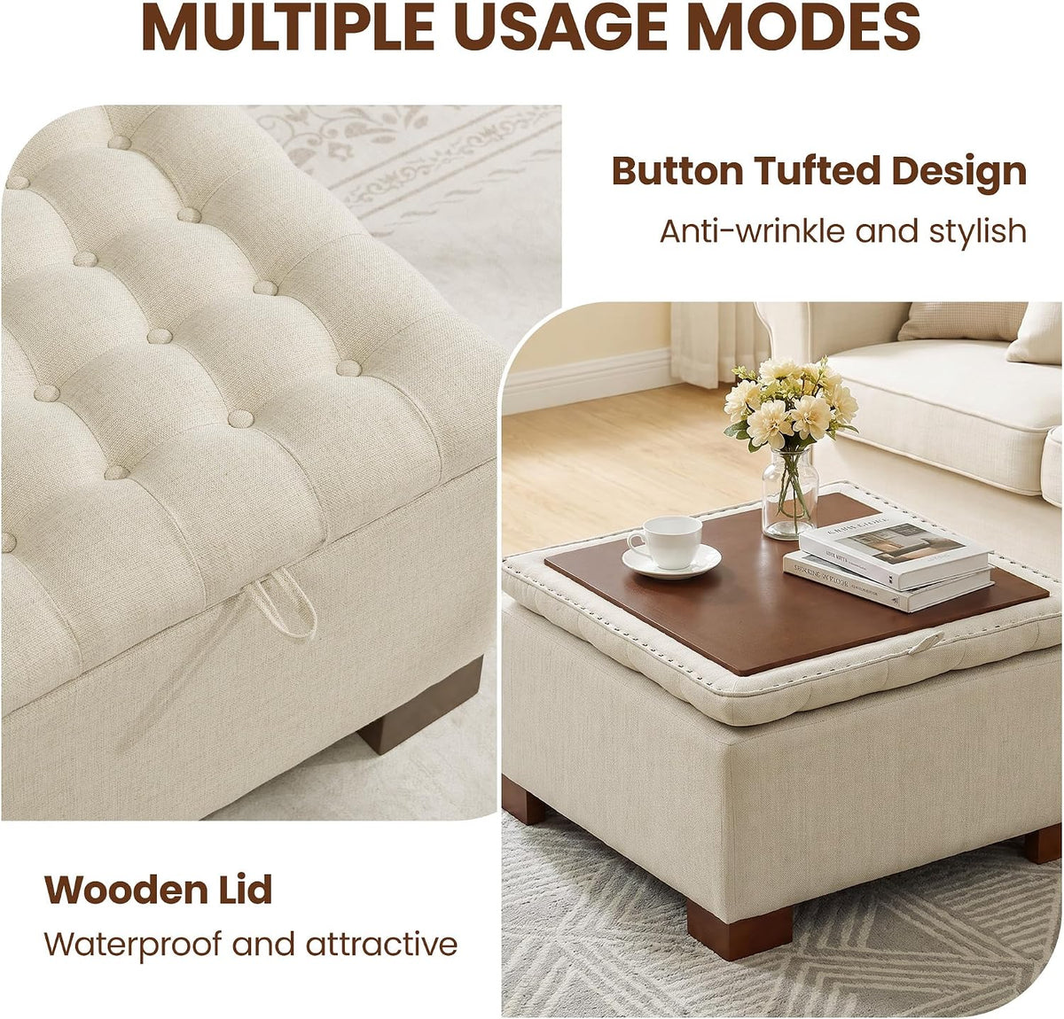 30 Inch Square Storage Ottoman Coffee Table, Modern Tufted Upholstered Ottoman with Flip Tray and Solid Wood Legs, Suitable for Living Rooms, Linen Khaki