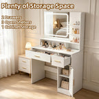 35.4" W Vanity Desk with Power Outlet Mirror and LED Lights Heavy Duty Makeup Vanitys Table with 2 Drawers & 3 Open Shelves & 1 Cabinet Storage for Bedroom Dressing, White