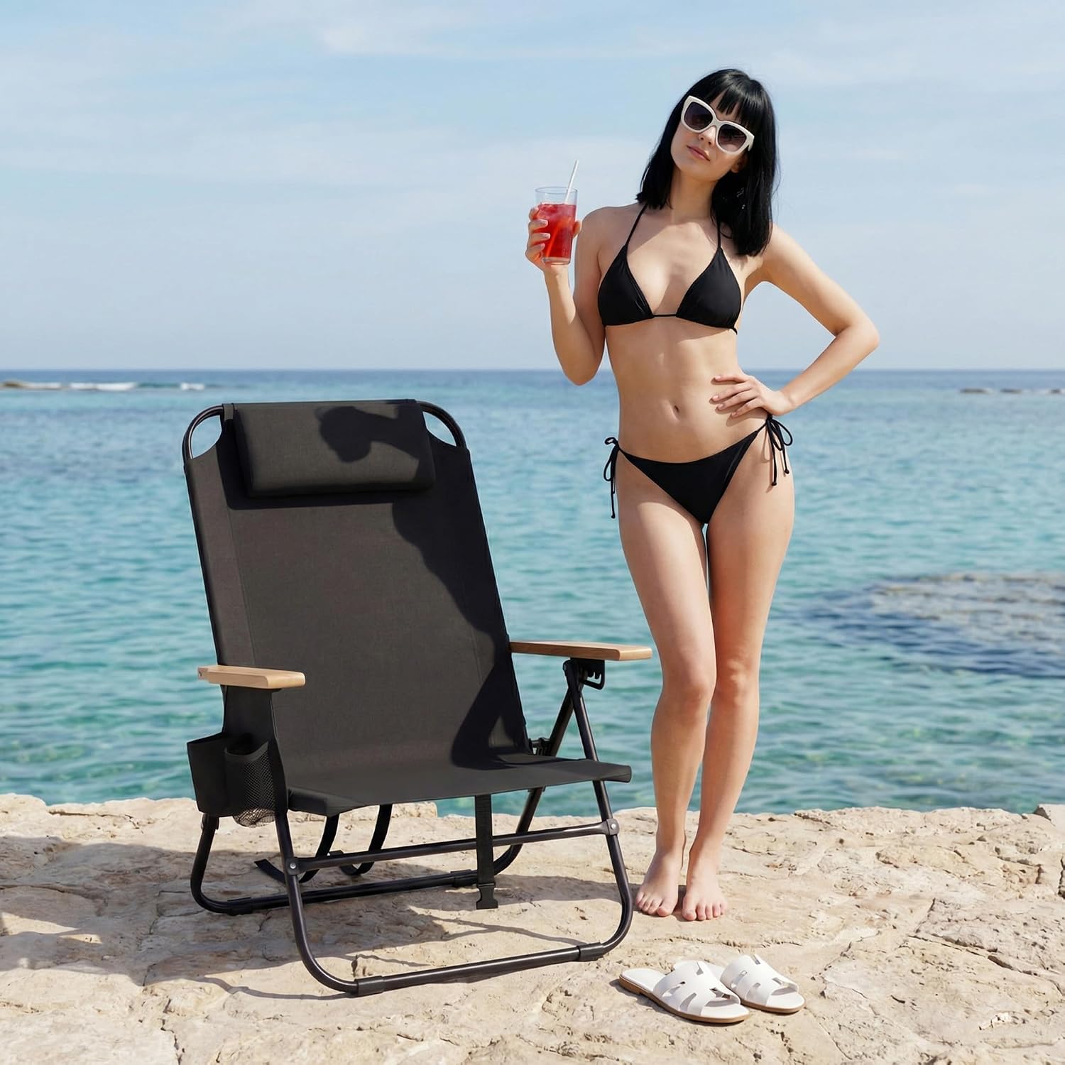 Cansky Portable Beach Chair for Adults, Outdoor Lightweight Camping Chair with Wooden Desgin Armrests, 5-Position Reclining Flat Lay, Cup Holder, Zipper Pouch, Backpack Design, No Towel Rack, Black