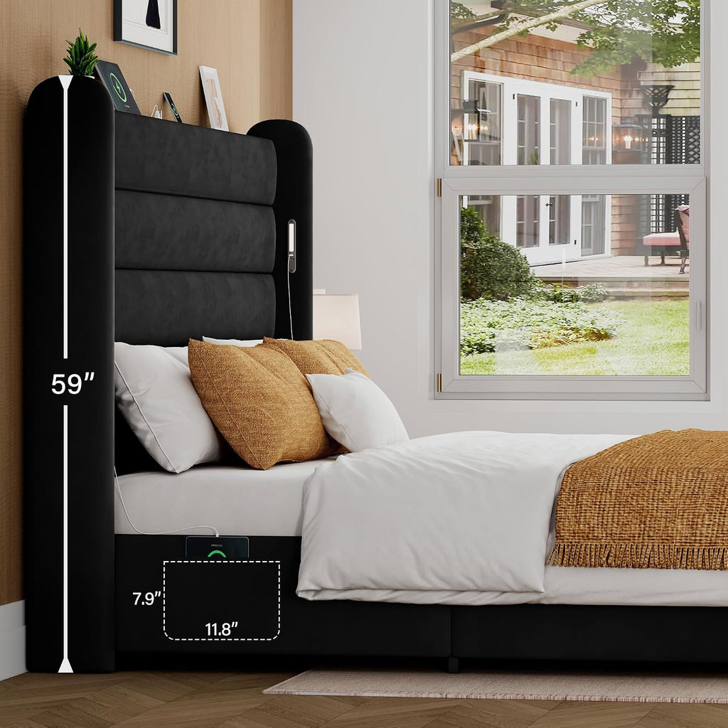 Queen Size Bed Frame with 59'' Tall Headboard with Readlight, Black