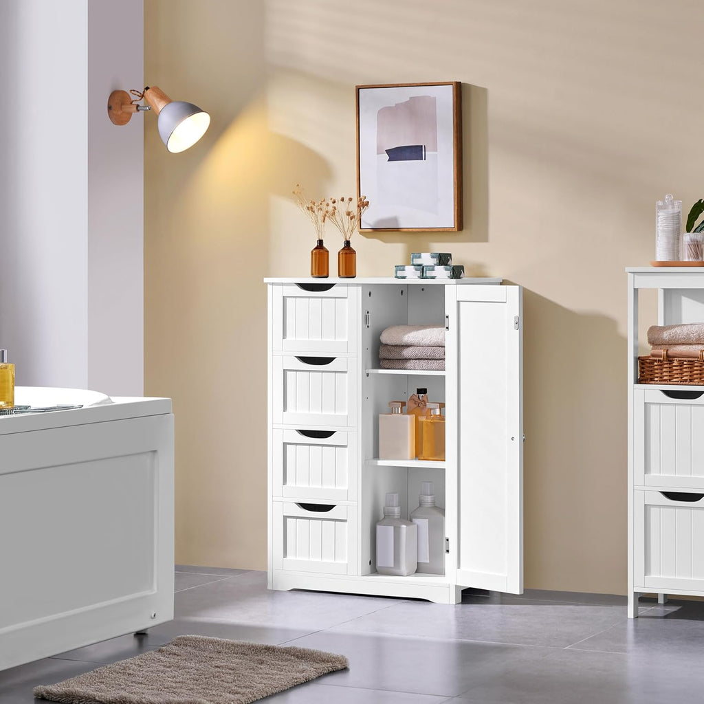 Yaheetech Small Bathroom Storage Cabinet with 4 Drawers & Door, White | Floor Cabinet Organizer for Hallway, Living Room, 3-Position Adjustable Shelf, Beadboard Detail, MDF, 12"D x 22"W x 32.5"H