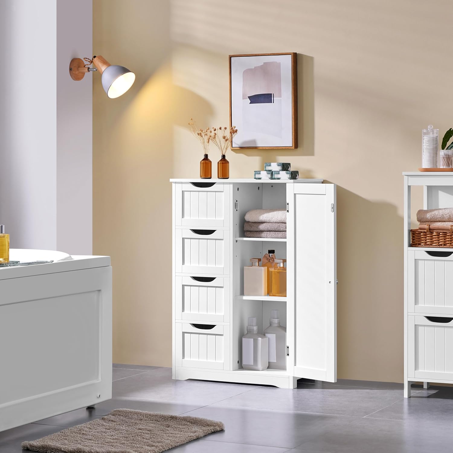 Yaheetech Small Bathroom Storage Cabinet with 4 Drawers & Door, White | Floor Cabinet Organizer for Hallway, Living Room, 3-Position Adjustable Shelf, Beadboard Detail, MDF, 12"D x 22"W x 32.5"H