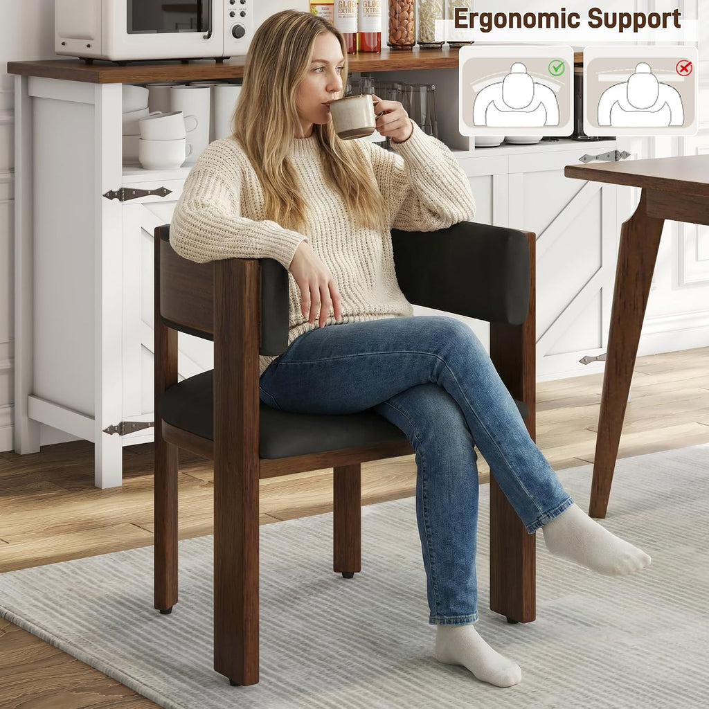 Squireewo Barrel Dining Chairs Set of 2, Modern Dining Room Chairs with Curved Backrest, Kitchen Chairs with Solid Wood Legs, Comfortable PU Leather Upholstered Seat, Adjustable Foot Pad, Dark Grey