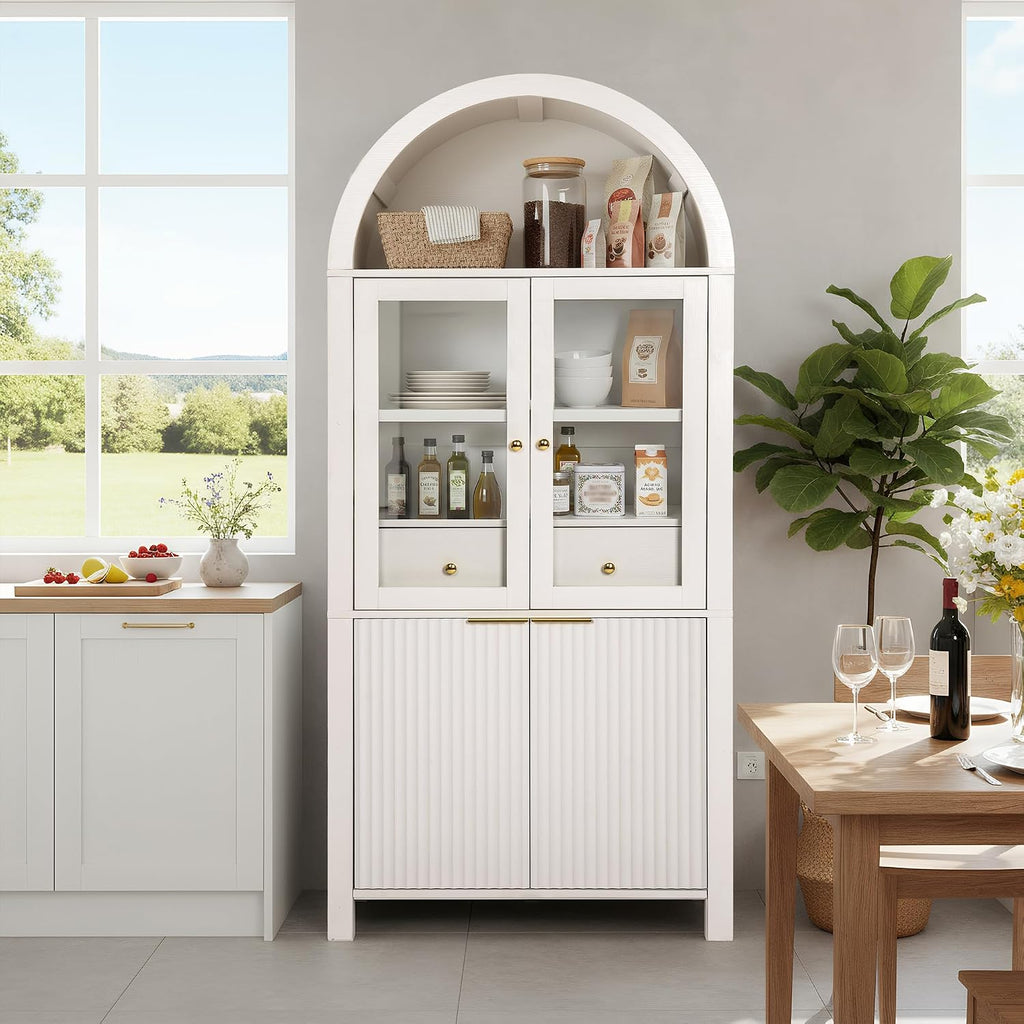 71" Fluted Tall Arched Kitchen Pantry Cabinet with Glass Doors, Farmhouse Storage Cabinet with Adjustable Shelves & Hidden Drawer, Freestanding Cupboard Console for Living Room, Dining Room (White)