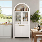 71" Fluted Tall Arched Kitchen Pantry Cabinet with Glass Doors, Farmhouse Storage Cabinet with Adjustable Shelves & Hidden Drawer, Freestanding Cupboard Console for Living Room, Dining Room (White)