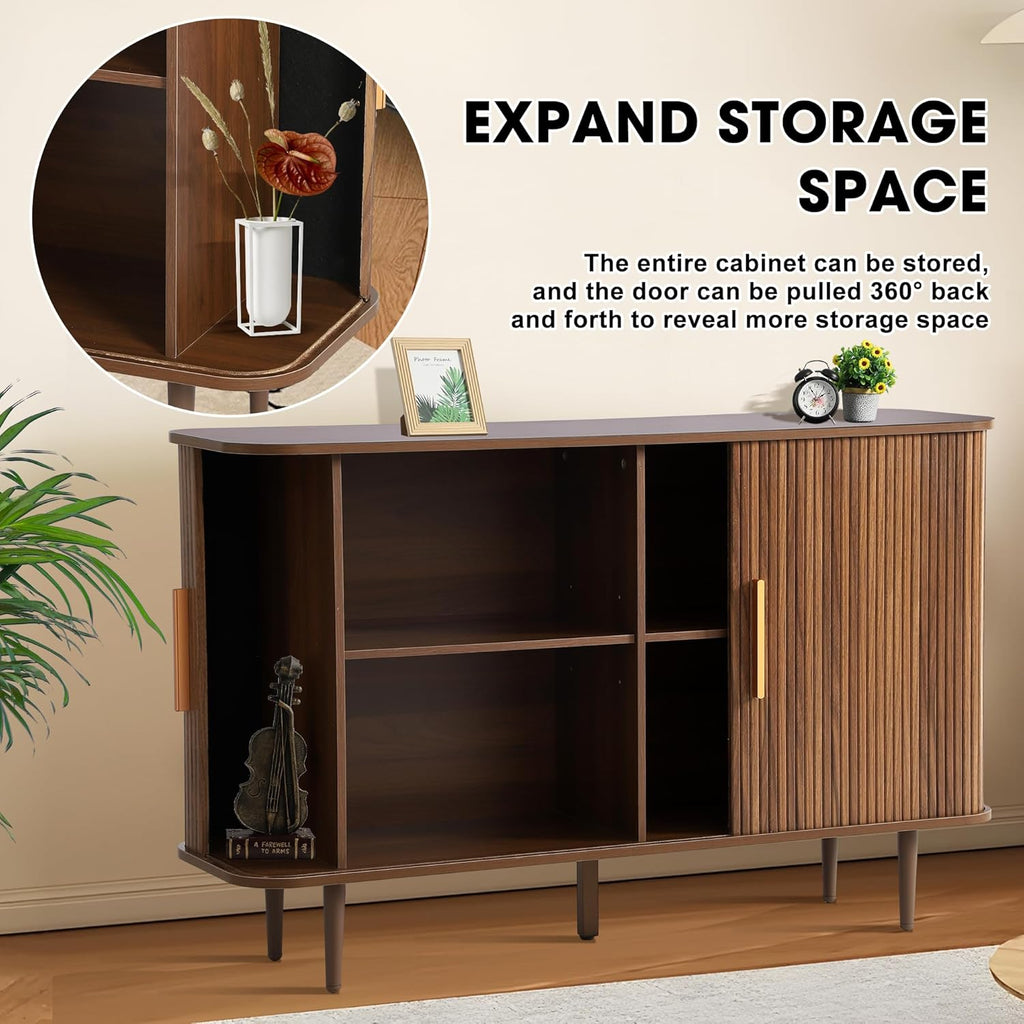 Grepatio 47" Sideboard Buffet Cabinet with Fluted Slide Doors, Tambour Storage Cabinets with Adjustable Shelves, Credenza Console Mid Century Cabinet for Living Room Hallway Entryway (Brown)