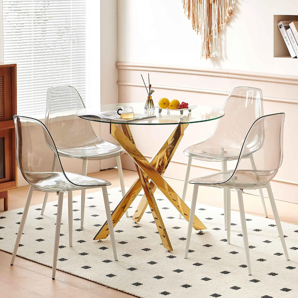 Aoowow Round Dining Table with Glass Top, 35.4” Modern Kitchen Table for 4, Small Glass Circle Dinner Table with Metal Legs for Dining Room, Golden