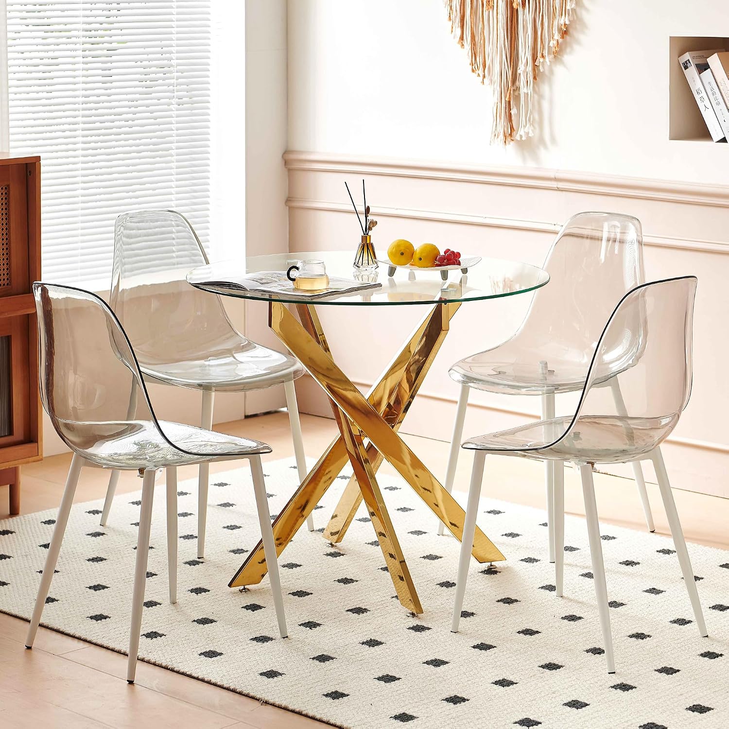 Aoowow Round Dining Table with Glass Top, 35.4” Modern Kitchen Table for 4, Small Glass Circle Dinner Table with Metal Legs for Dining Room, Golden