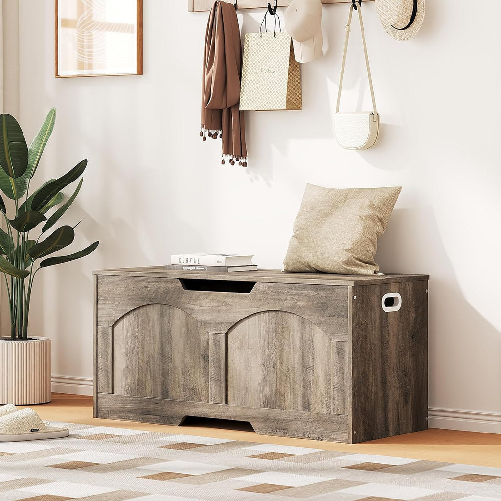 39.4" Storage Chest, Retro Storage Bench, Storage Trunk with 2 Safety Hinges, Large Entryway Bench Box, 39.4 x 15.7 x 18.3 Inches, U-Shaped Opening for Entryway Hallway Living Room, Light Greige