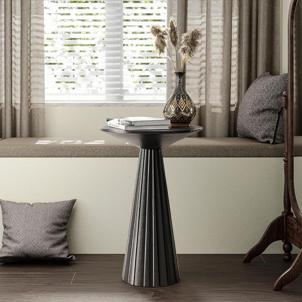 COZAYH Pedestal Small Drink Table Round Martini Table Wood Plant Stand End Table for Small Space Living Room, Bedroom, Black