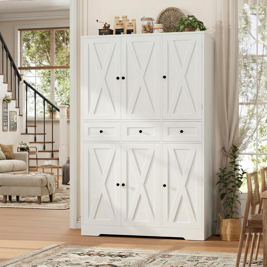 HOSTACK Modern Farmhouse Kitchen Pantry Storage Cabinet, 67" H Kitchen Pantry Cabinet with Barn Doors and Shelves, Freestanding Food Storage Cabinets with Drawers for Dining Room, Living Room, White