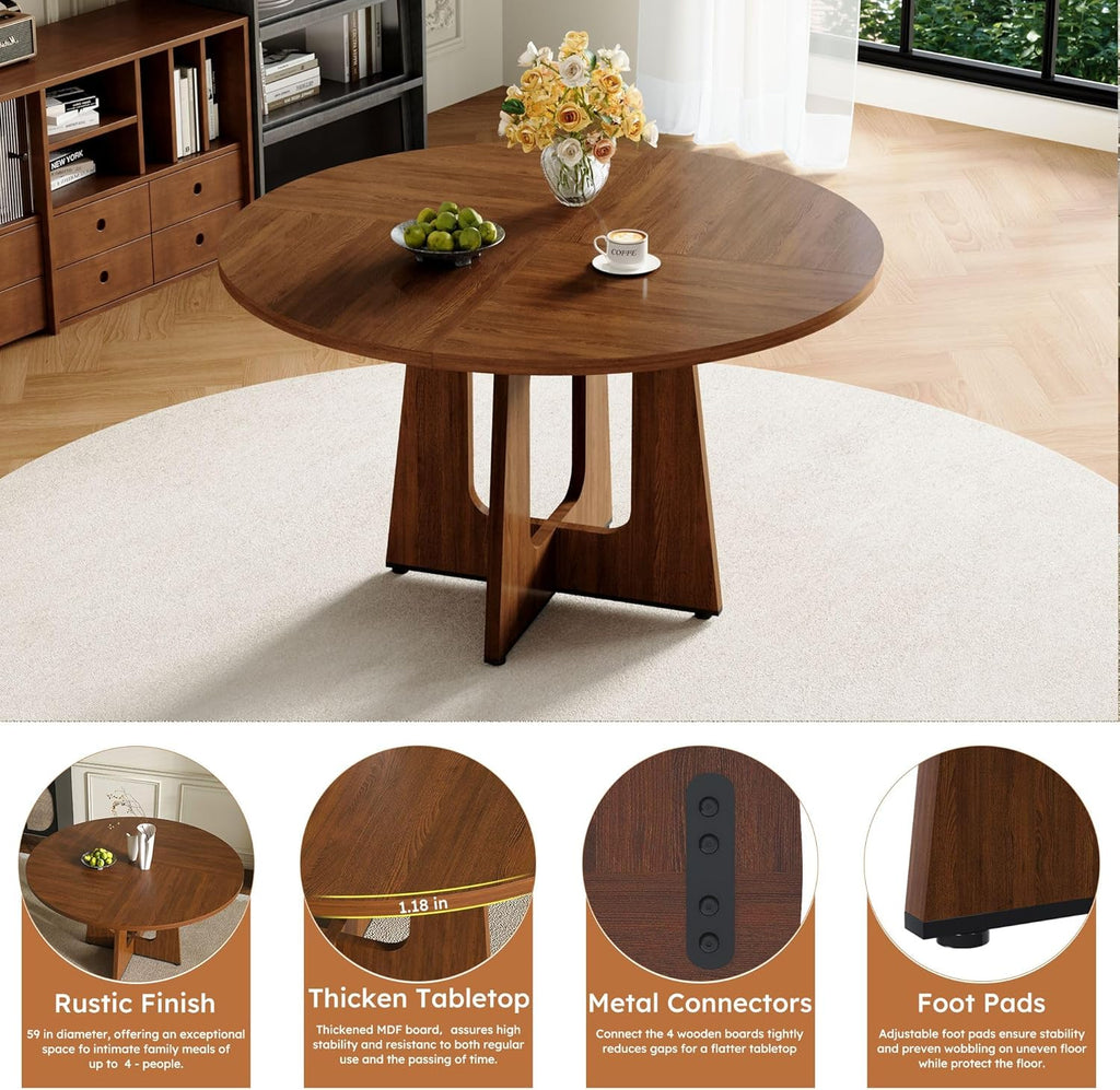 47" Round Dining Table Set for 6, Walnut Wood Grain Table and 6 Brown Suede Upholstered Chairs Set, Mid Century Modern Kitchen Table Set with Cross Legs