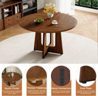 47" Round Dining Table Set for 6, Walnut Wood Grain Table and 6 Brown Suede Upholstered Chairs Set, Mid Century Modern Kitchen Table Set with Cross Legs