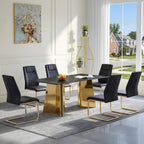 TesNus 7 Pieces Dining Table Set,63" Marble Kitchen Room Table with 6 Black Chairs,Rectangle Sintered Stone Top with Gold Legs,Large Dining Set for 6 Person for Kitchen Dining Room