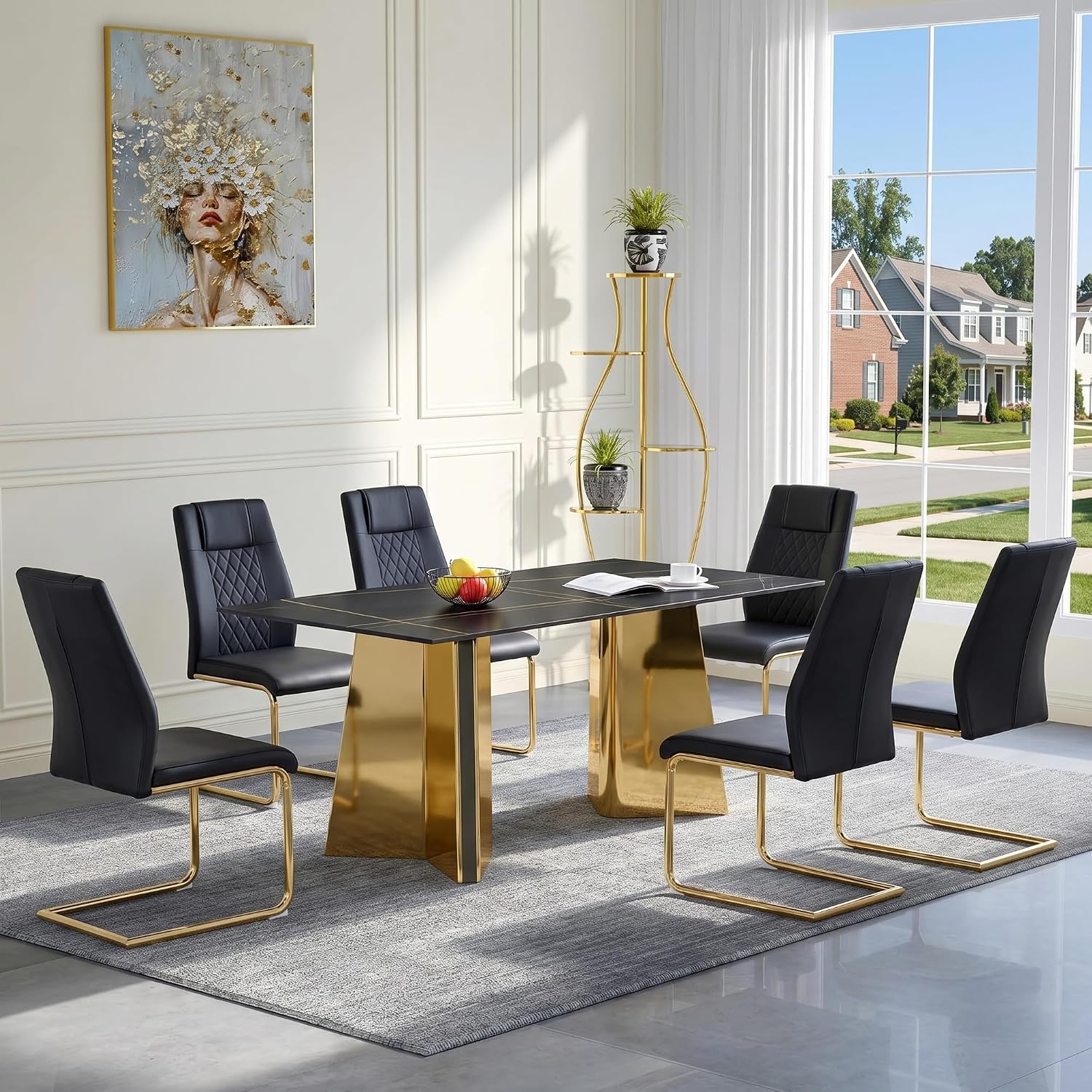 TesNus 7 Pieces Dining Table Set,63" Marble Kitchen Room Table with 6 Black Chairs,Rectangle Sintered Stone Top with Gold Legs,Large Dining Set for 6 Person for Kitchen Dining Room