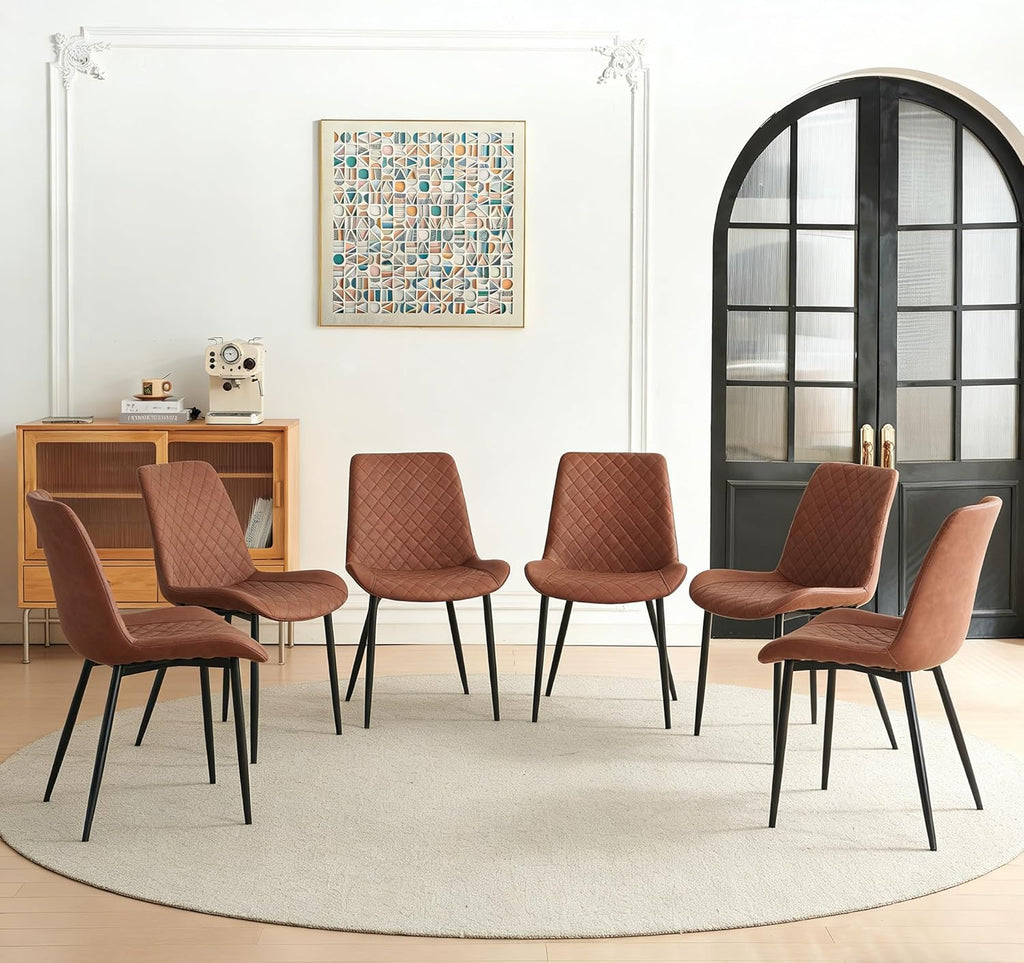 PU Leather Dining Chairs Set of 6, Modern Armless Dining Room Chairs, Comfy Upholstered Kitchen Chairs with Backrest, Black Metal Legs for Living Room, Dinning Room, Brown