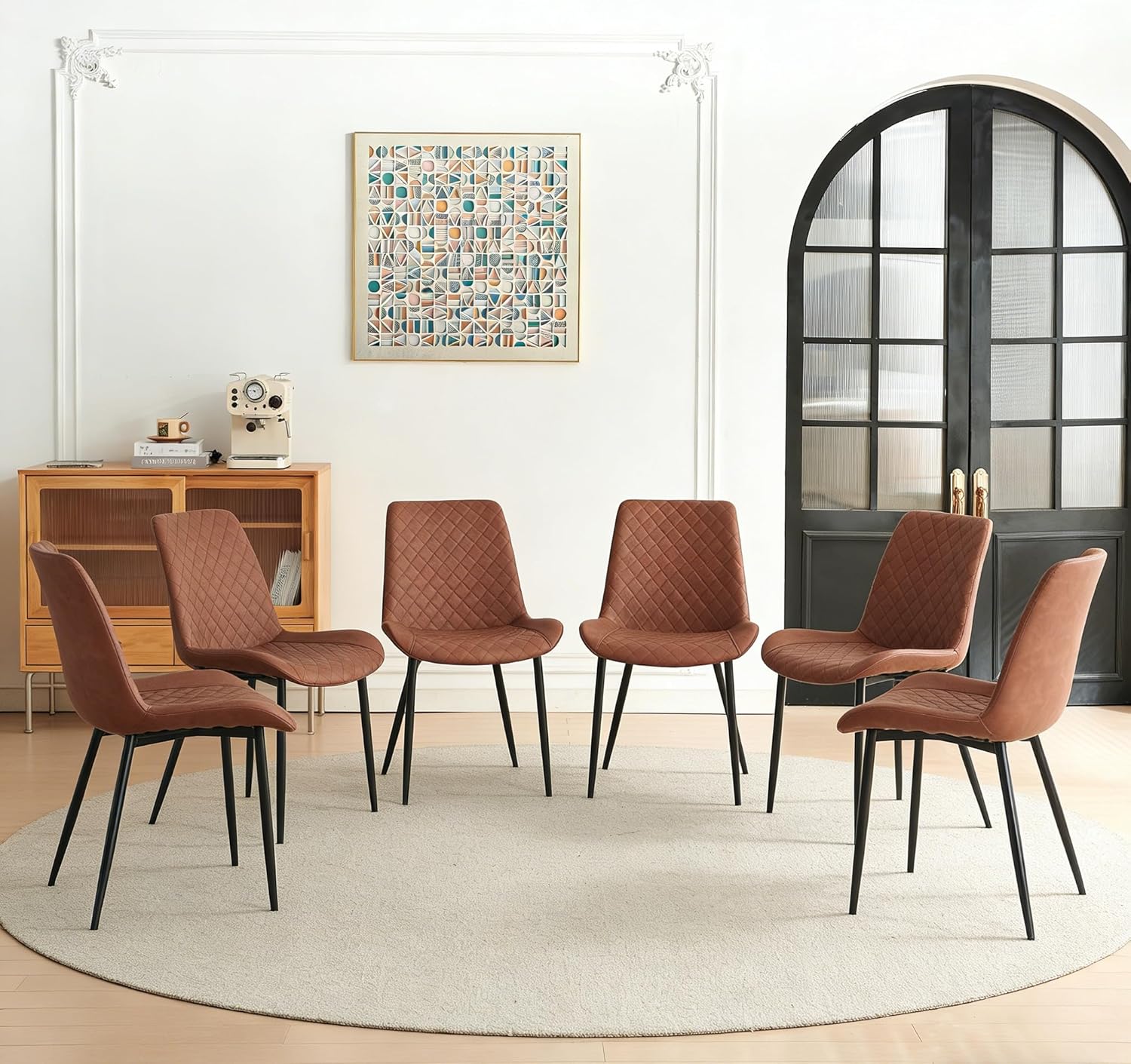 PU Leather Dining Chairs Set of 6, Modern Armless Dining Room Chairs, Comfy Upholstered Kitchen Chairs with Backrest, Black Metal Legs for Living Room, Dinning Room, Brown