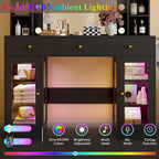 Wodeer Makeup Vanity Desk with Mirror and Lights, Black Vanity with Glass Top, LED Lights & Power Outlet, 3 Drawers & 2 RGB Glass Cabinets, Adjustable Lighted Dressing Table for Women & Girls Bedroom