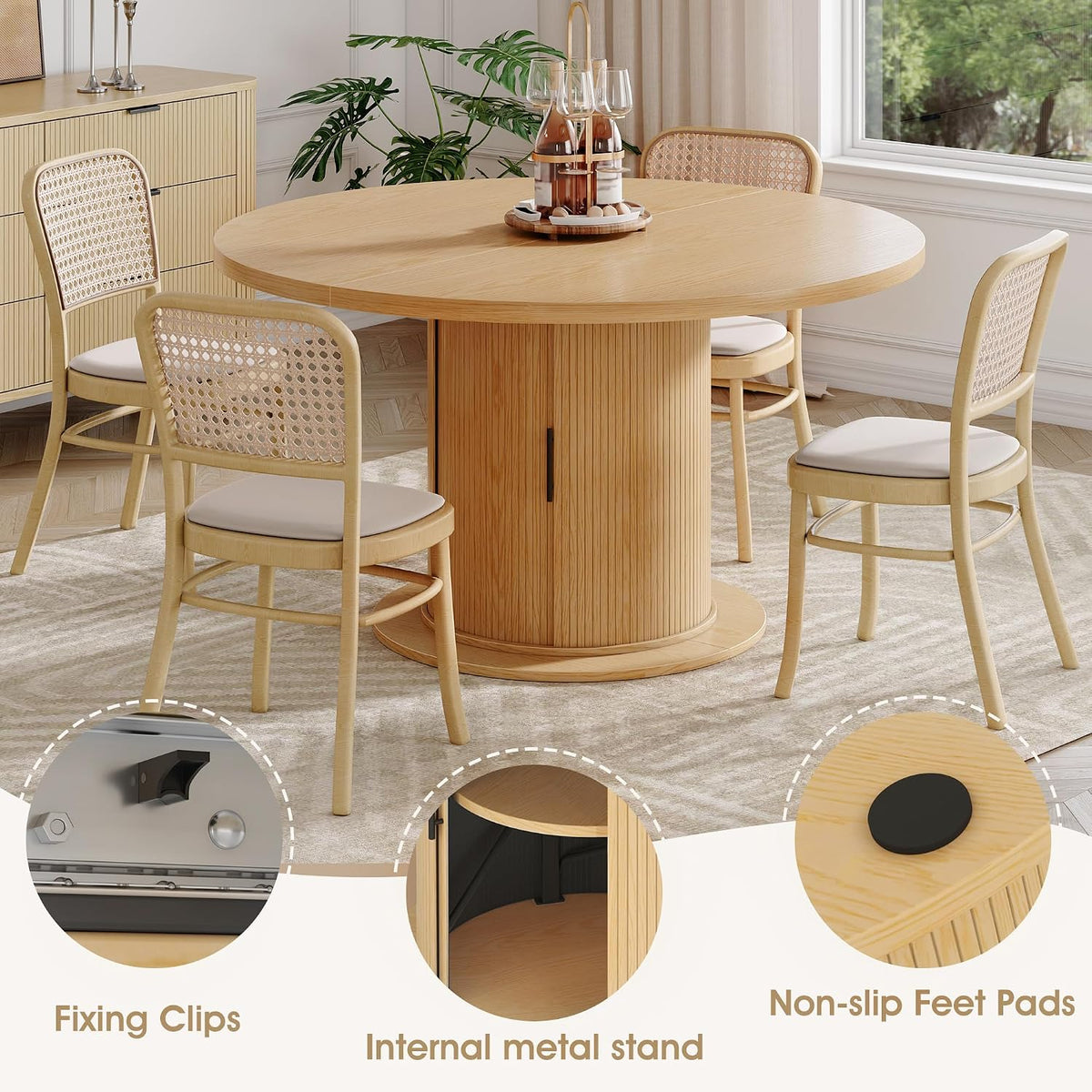 Alohappy Dining Table for 4-6, 47in-63in Extendable Round Dining Room Table with Storage, Mid Century Modern Farmhouse Wood Oval Dinner Table with Pedestal Base for Kitchen, Living Room (Natural Oak)