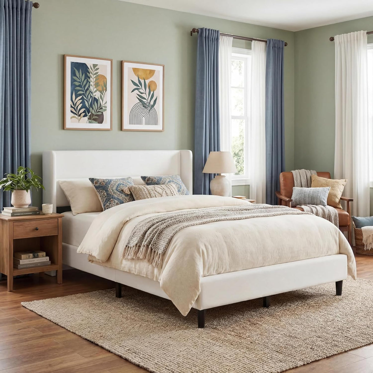 IDEALHOUSE Queen Size Bed Frame, Velvet Bed with Wingback Headboard, White