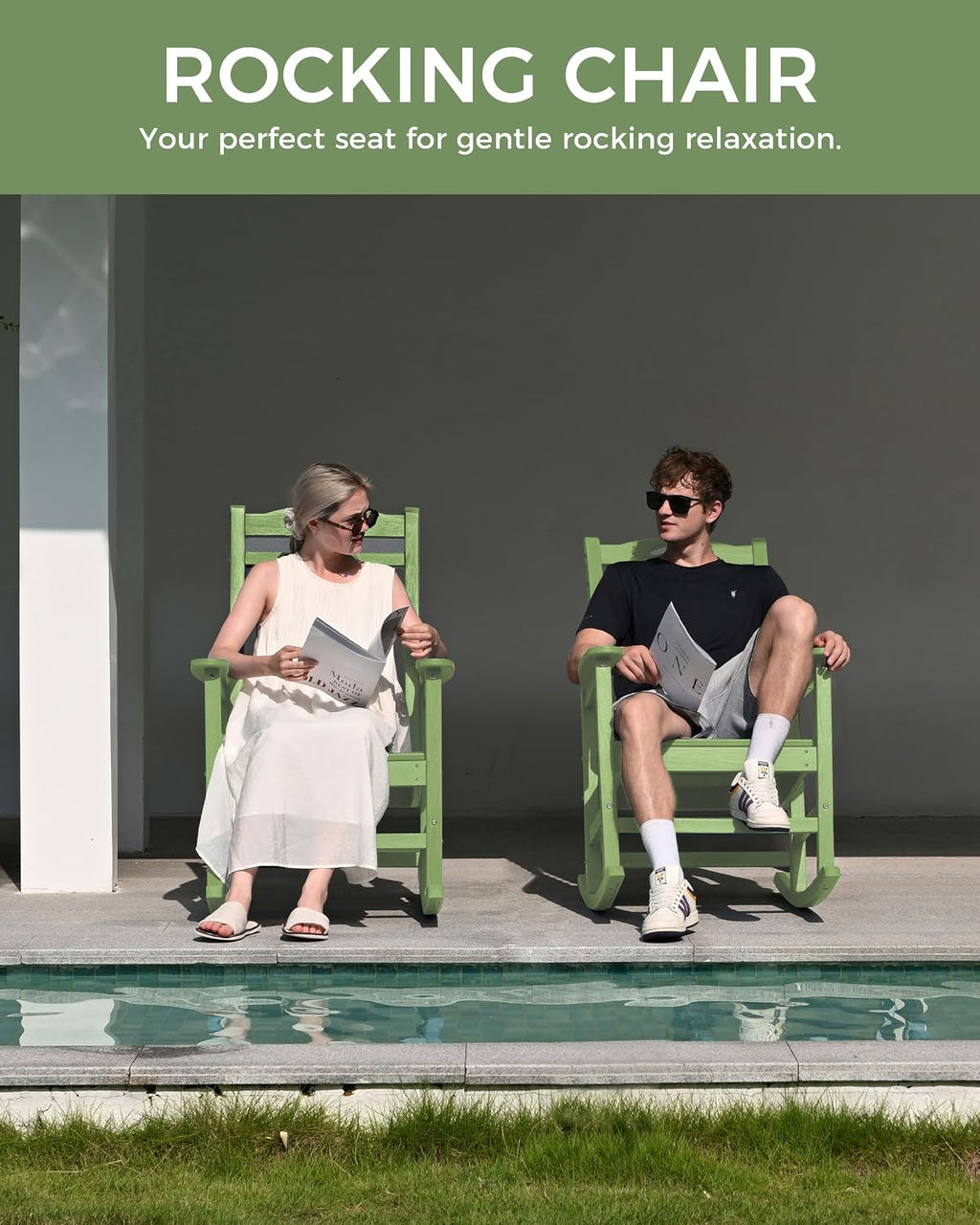 Rocking Chairs Outdoor, Oversized Patio Rocking Chair, All Weather Resistant HDPE, Heavy Duty Porch Rocker Chair with High Back Wide Arm Rest, LemonGreen