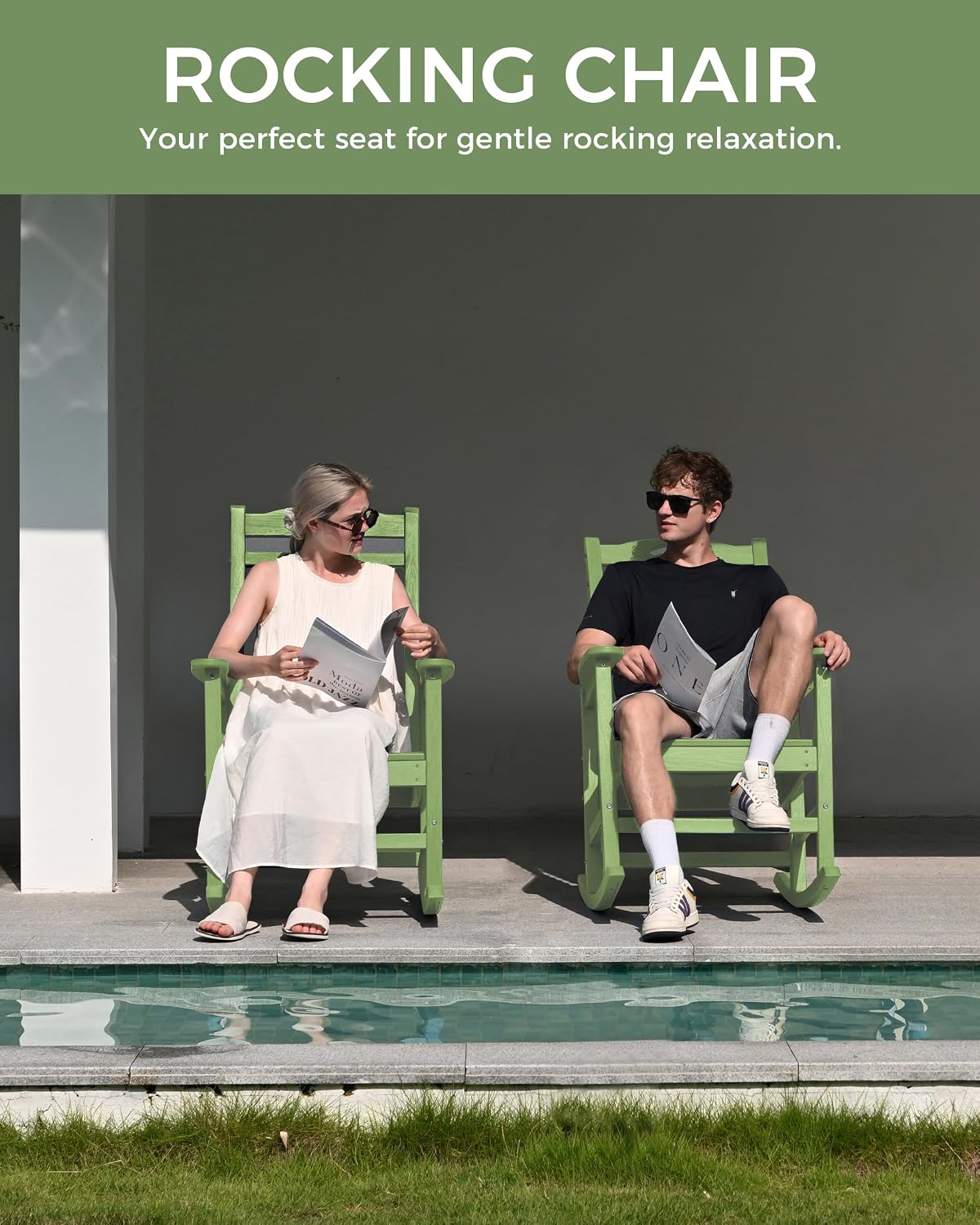 Rocking Chairs Outdoor, Oversized Patio Rocking Chair, All Weather Resistant HDPE, Heavy Duty Porch Rocker Chair with High Back Wide Arm Rest, LemonGreen