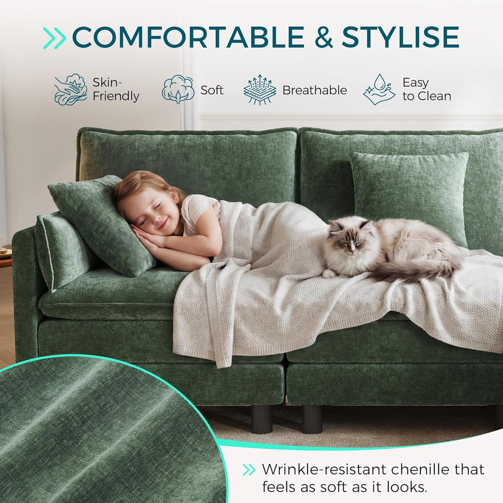 LINSY HOME 98'' Modular Sectional Sofa 3 Seat Couch Chenille Cloud Couch with Deep Seat, L Shaped Couch with 1 Movable Ottoman for Living Room, Office, Bedroom, Green(Pillows Included)