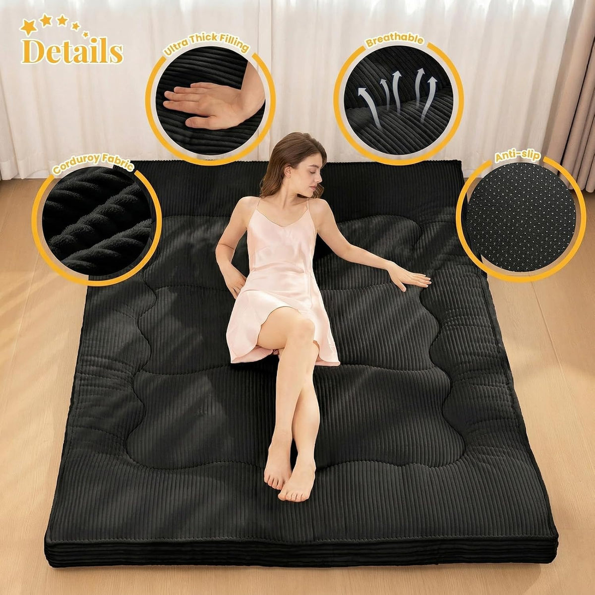 cidludto Japanese Futon Mattress Full Size Foldable, 4" Floor Mattress Futons Sofa Couch Bed for Adults, Thicker Tatami Mat Sleeping Pad, Floor Futons Cushions, Black
