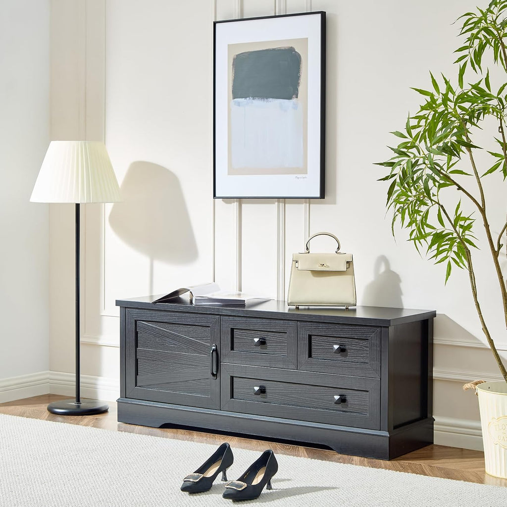 SOOWERY 48 Inch End of Bed Storage Bench, Farmhouse Bed Bench with Drawers and Cabinet, Rustic Shoe Storage Bench for Entryway, Bedroom,Living Room, Black