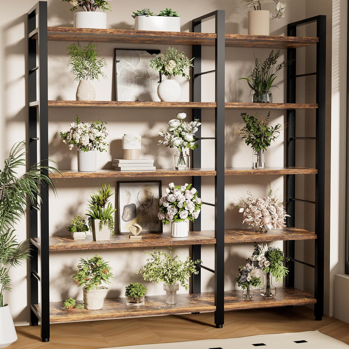 INNOD 65" X 50" Straight Wide 5 Tier Bookshelf with LED Light, L Shaped Bookcase with Adjustable Feet, Corner Book Case with 10 Open Shelves, Shelf Unit Display Shelf for Living Room, Home Office