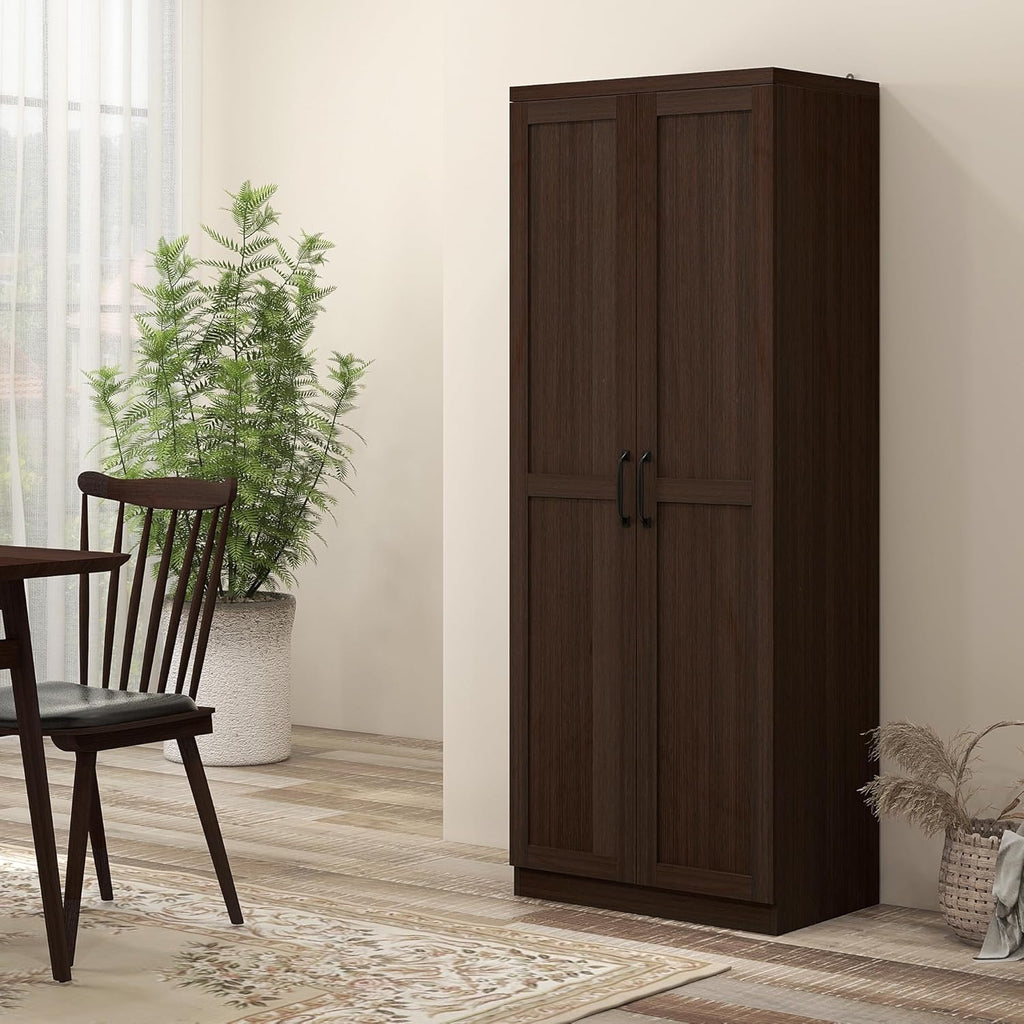 HOMCOM 63" 2-Door Kitchen Pantry 5-Tier Cinnamon Cherry Wood Grain | Freestanding Storage Cabinet, Shelving, 2 Adjustable Shelves, for Dining Room