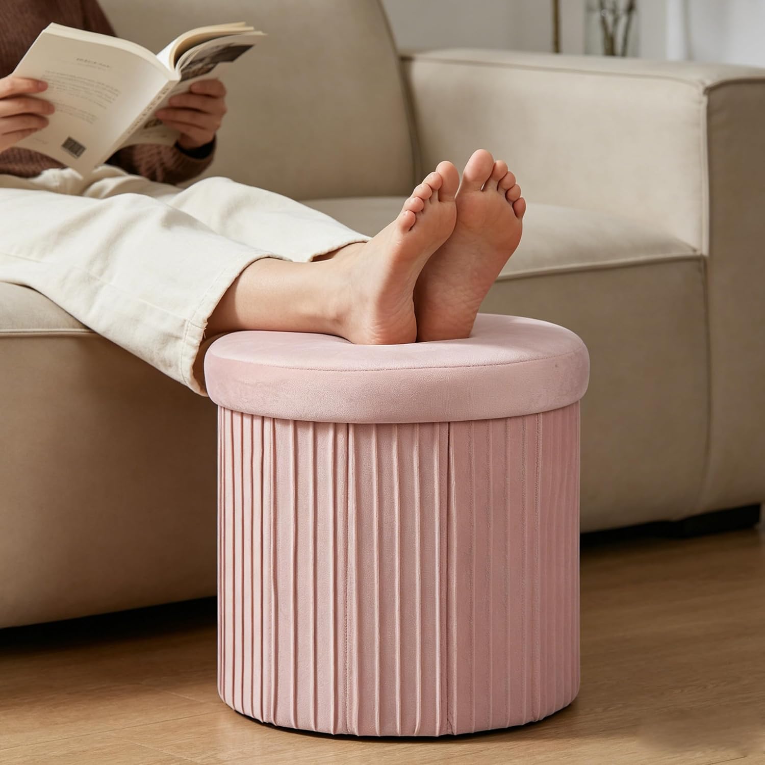 Relaxdays Velvet Stool with Storage Space Padded Foldable H 38 x D 38 cm Round Side Stool Pink