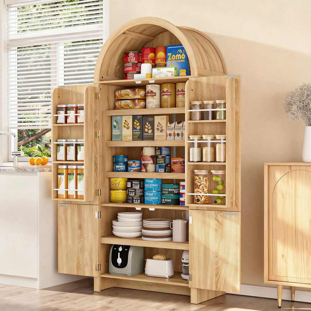 Arched Cabinet, 71" Tall Arched Kitchen Pantry Storage Cabinet with Doors, Modern Fluted Kitchen Storage Cabinet with Adjustable Shelves, Natural Cupboard for Kitchen, Dining Room, Bathroom