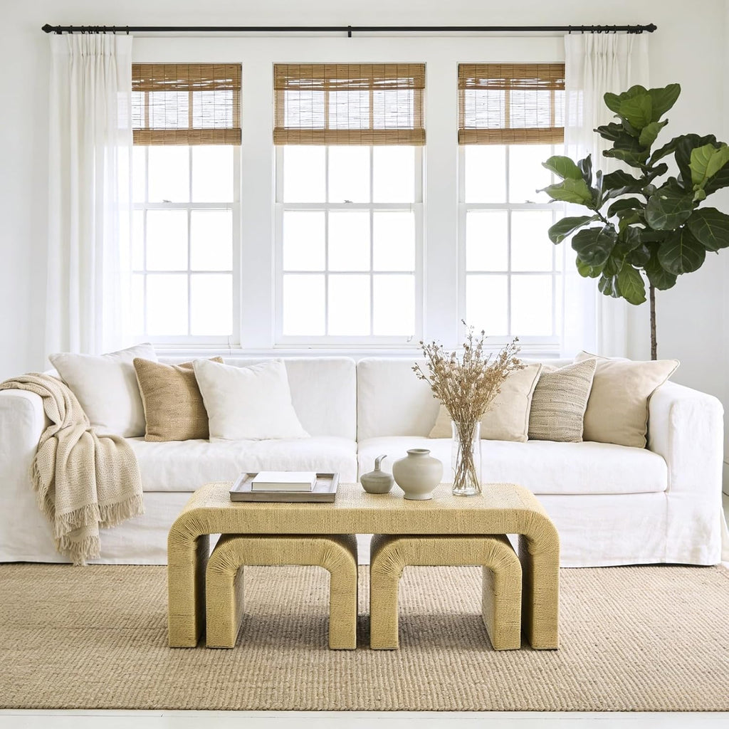 LZAREAL 3-Piece Nesting Woven Rope Coffee Table Set, 47" Boho Waterfall Living Room Table with 2 Stools Underneath, Modern Coastal Center Table Tea Table, Natural