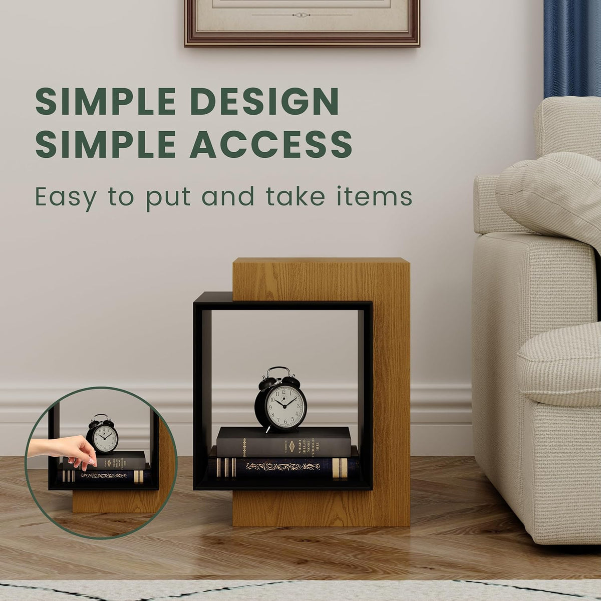 POVISON Minimalist Side Table,17.71" Wood End Table with Storage for Small Spaces,Nightstand for Living Room, Bedroom, Office,Rustic Brown and Classic Black