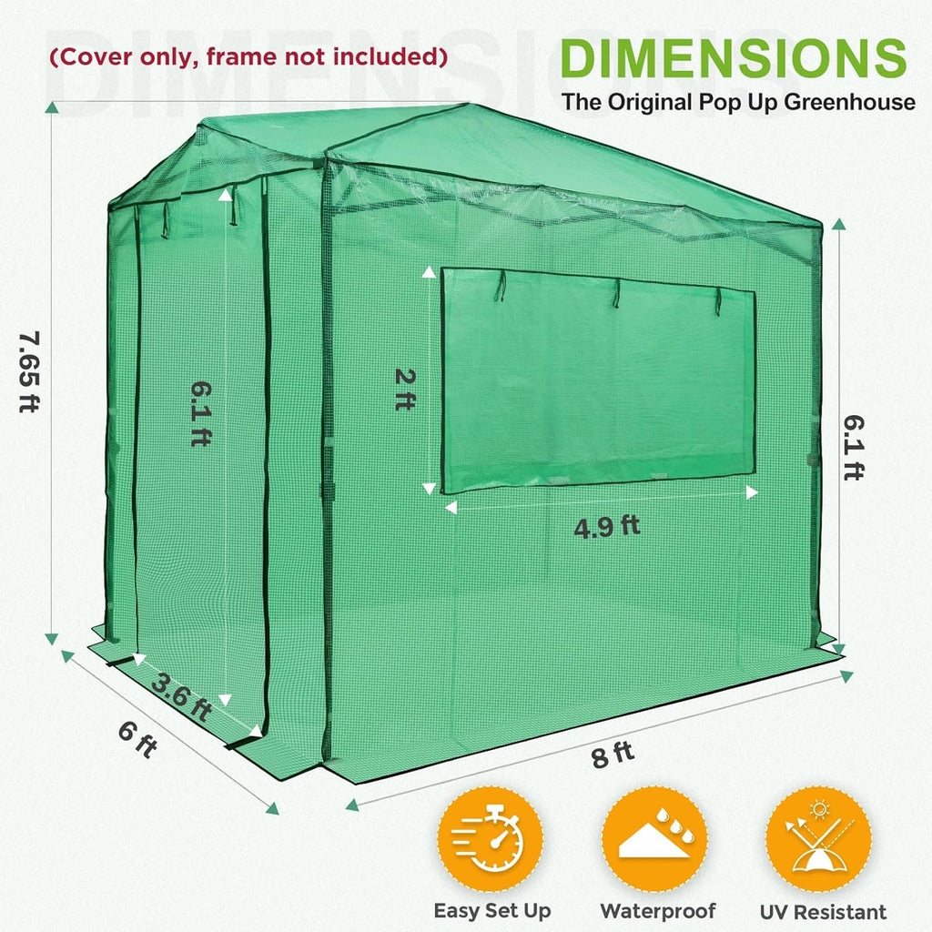 EAGLE PEAK Replacement Cover for 8x6 Portable Pop up Greenhouse, Dual Roll-up Zipper PE Door & Upgraded Screen Mesh Door and 2 Roll-Up Side Windows (Frame Not Included), Green
