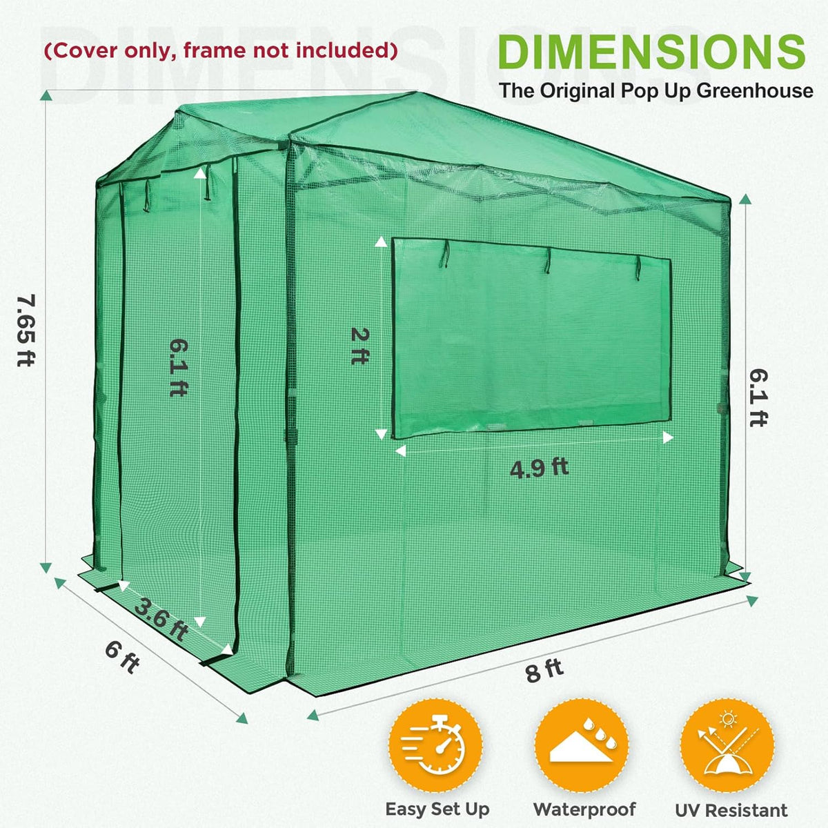 EAGLE PEAK Replacement Cover for 8x6 Portable Pop up Greenhouse, Dual Roll-up Zipper PE Door & Upgraded Screen Mesh Door and 2 Roll-Up Side Windows (Frame Not Included), Green