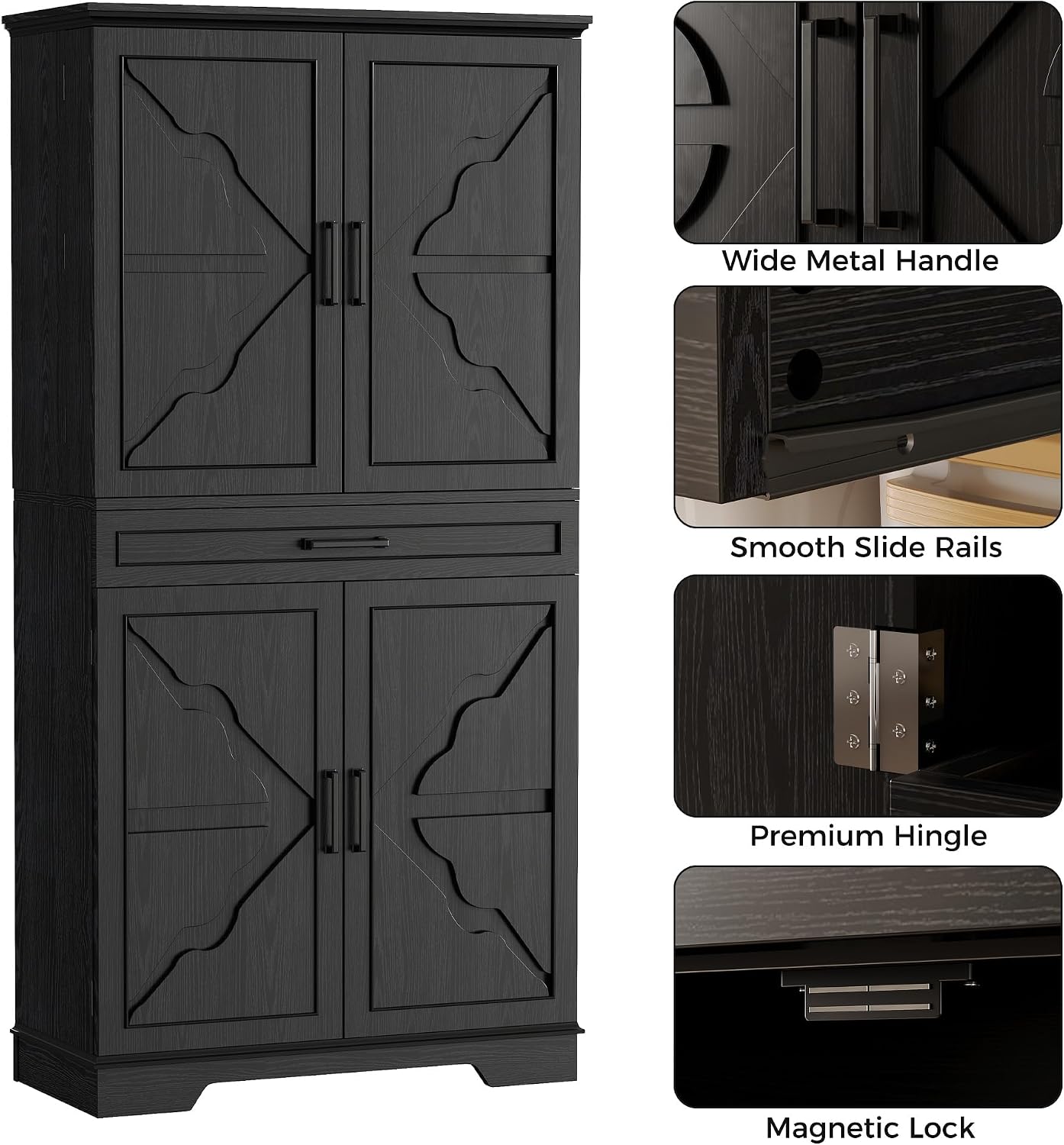 IRONCK 72" Farmhouse Kitchen Pantry Cabinet with Sliding Storage Rack,Black | Tall Freestanding Cupboard with 6 Hanging Shelves for Kitchen, Dining Room