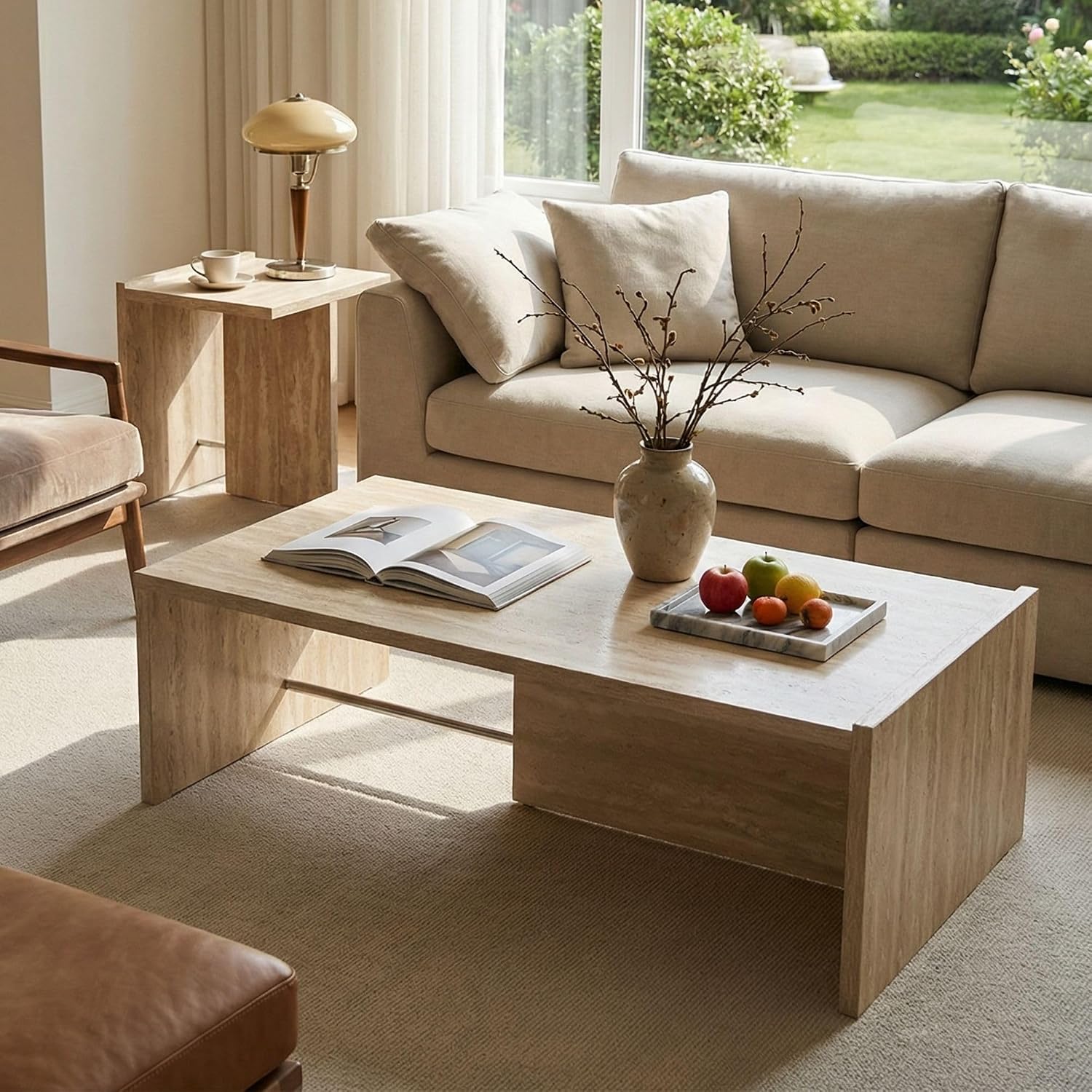 Modern Faux Travertine Coffee Table and End Tables Set of 2, Minimalist Living Room Tables Set with Chrome Support, Beige Stone Pattern Center Table and Side Table for Living Room, Bedroom